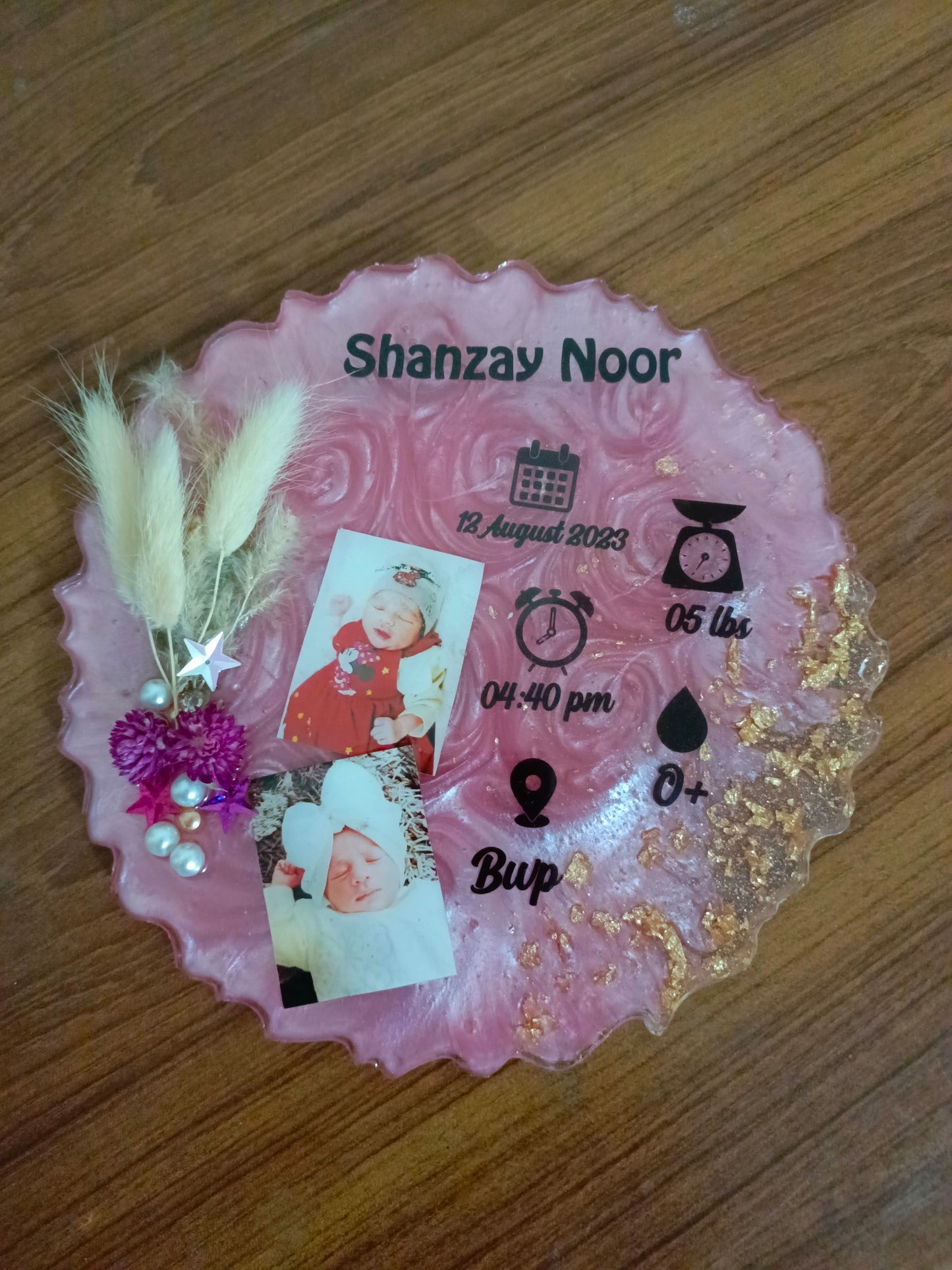 Customized Resin Plaque of Baby Details | Pink Variant