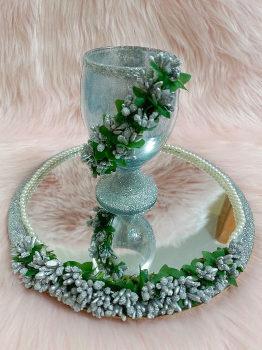 Customized Doodh Pilai Glass with 10 Inches Mirror Base | Green Silver Variant