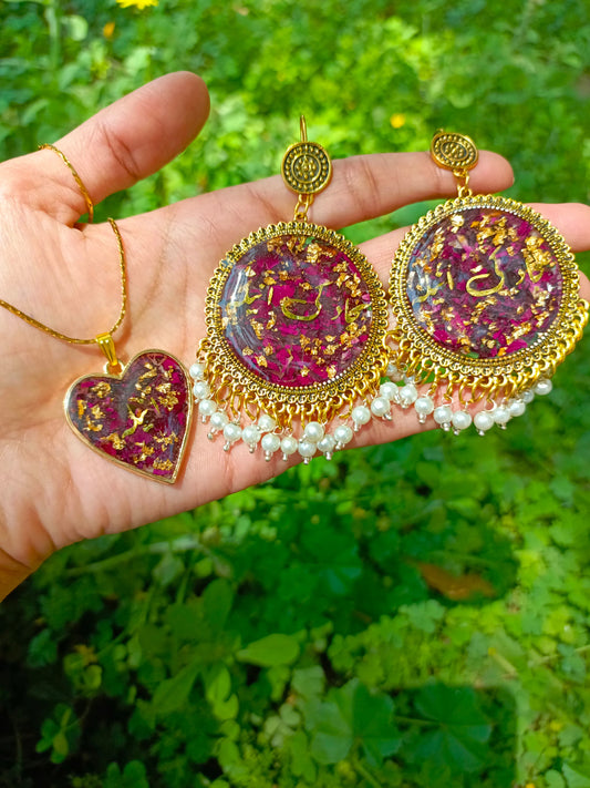 Customized Resin Jhumkas and Pendant with Special Flowers Preserved | Rose Petals Variant