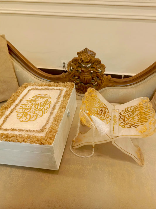 Customized Resin Quran Rehal with Wooden Rehal Box | White & Golden Variant