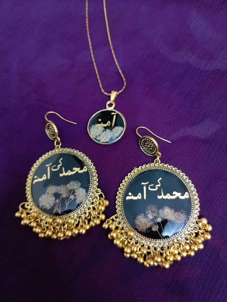 Customized Resin Jhumkas and Pendant with Name | Black Variant