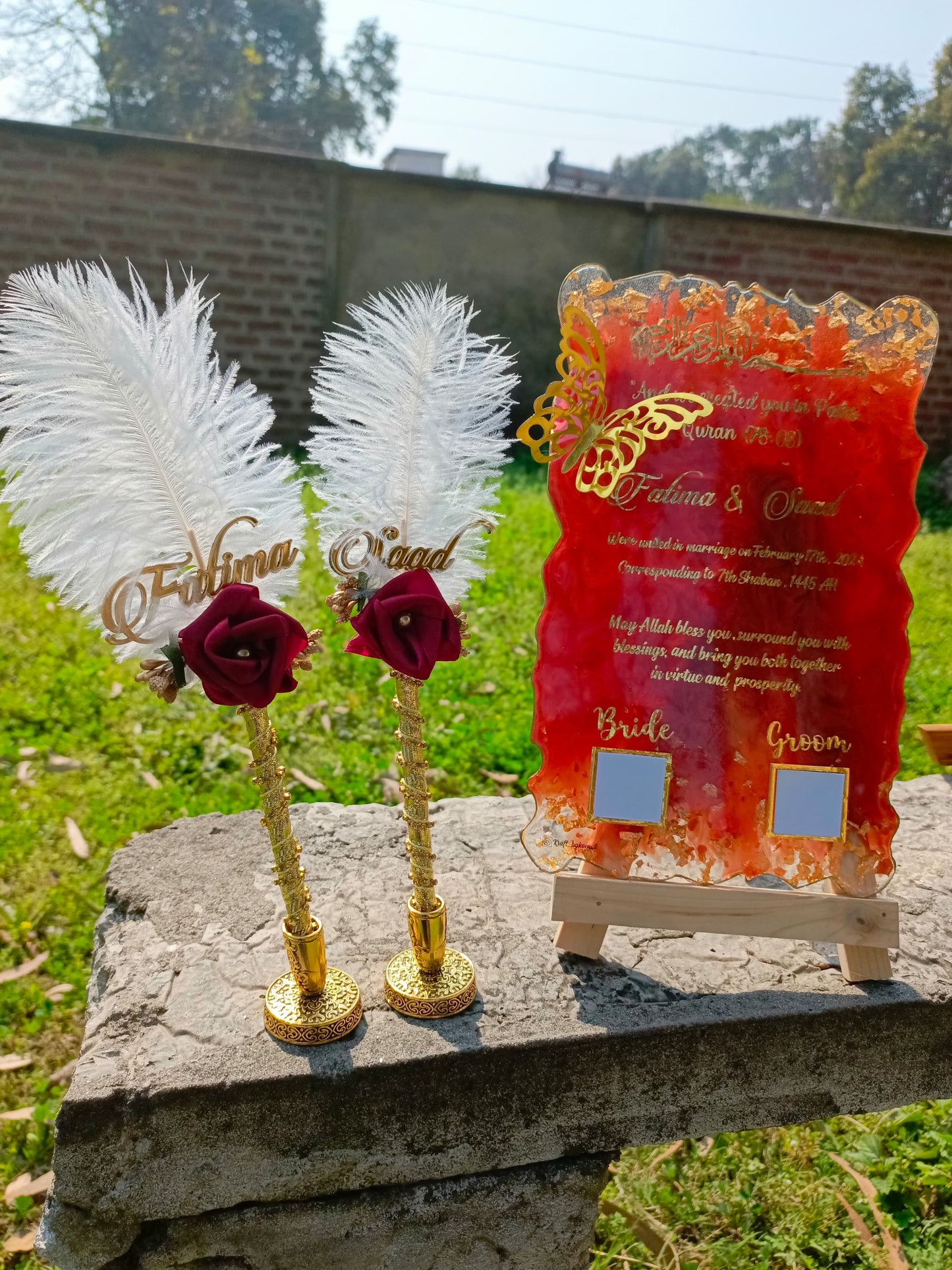 Customized Rectangular Plaque Set | Doodh Pilai Glass with Mirror Base | Nikah Pens