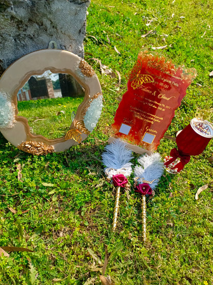 Customized Rectangular Plaque Set | Doodh Pilai Glass with Mirror Base | Nikah Pens