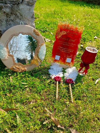 Customized Rectangular Plaque Set | Doodh Pilai Glass with Mirror Base | Nikah Pens