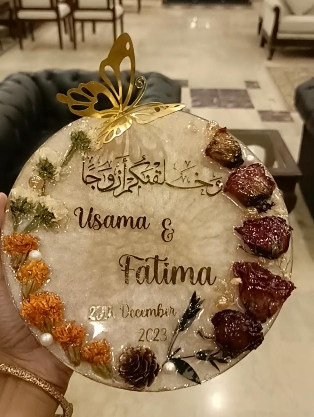 Customized 8 Inches Resin Plaque | Preserved Dried Flowers | Peach Variant