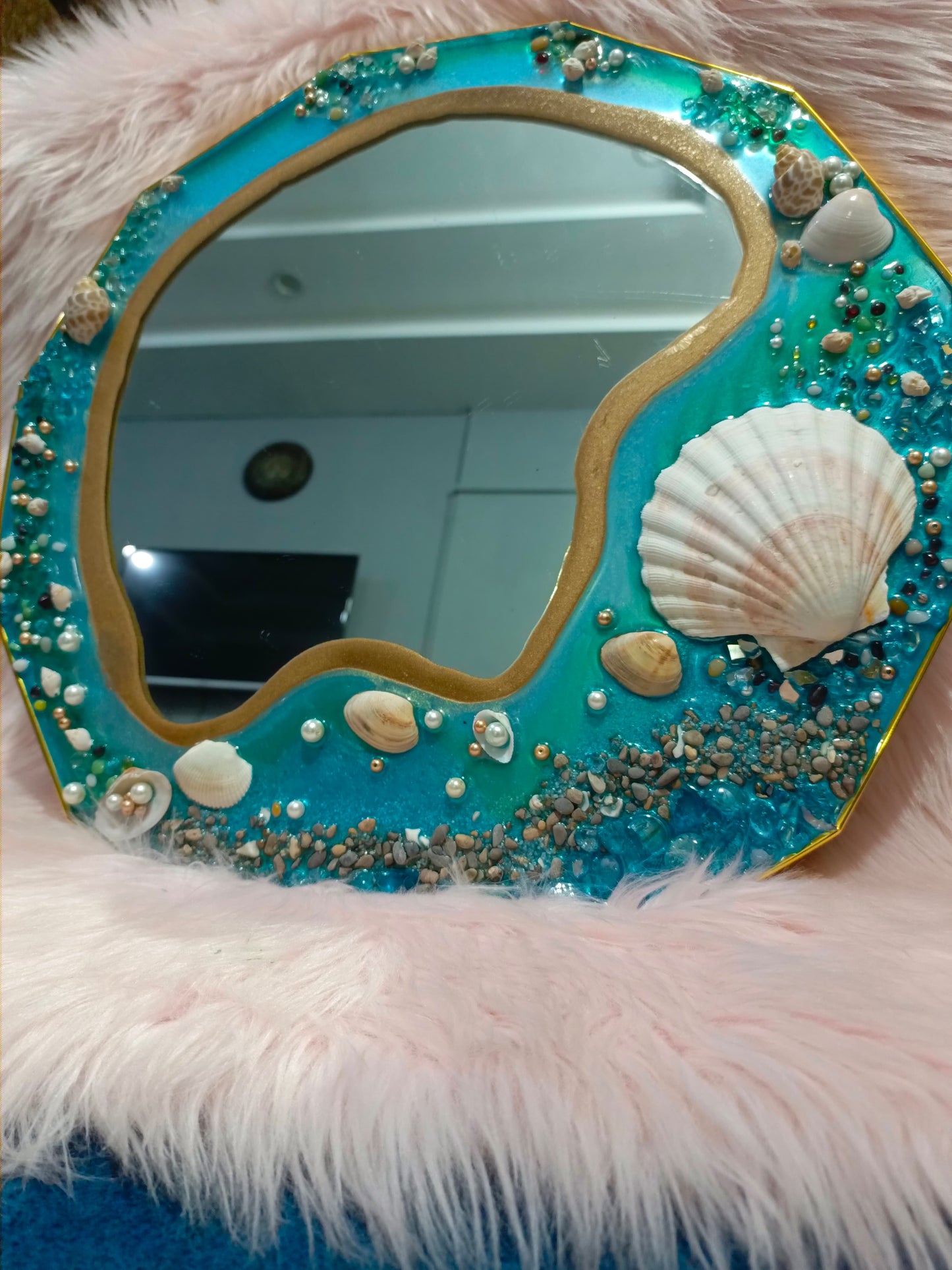 Blue Geode Mirror Wall Hanging | Resin Mirror | Sea Shells Effect Mirror | 16 Inches