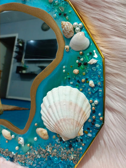 Blue Geode Mirror Wall Hanging | Resin Mirror | Sea Shells Effect Mirror | 16 Inches