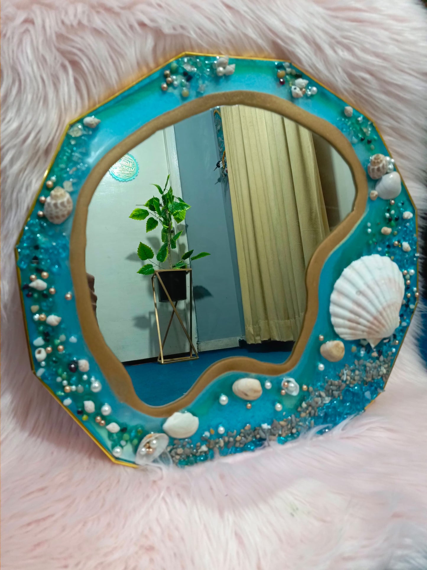 Blue Geode Mirror Wall Hanging | Resin Mirror | Sea Shells Effect Mirror | 16 Inches