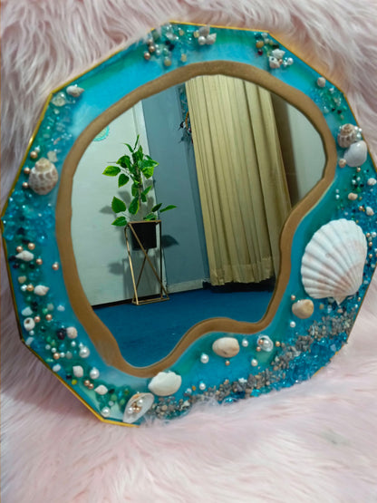 Blue Geode Mirror Wall Hanging | Resin Mirror | Sea Shells Effect Mirror | 16 Inches