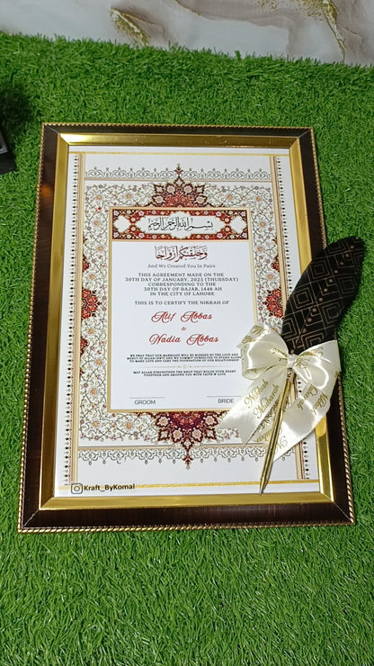 Customized Framed Nikah Certificate | A4 & A3 Sizes | Premium Variant | Black Feather Nikah Pen