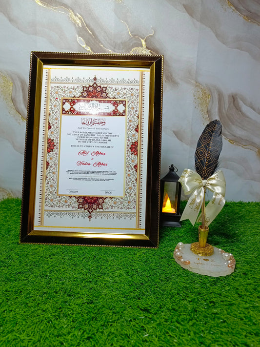 Customized Framed Nikah Certificate | A4 & A3 Sizes | Premium Variant | Black Feather Nikah Pen